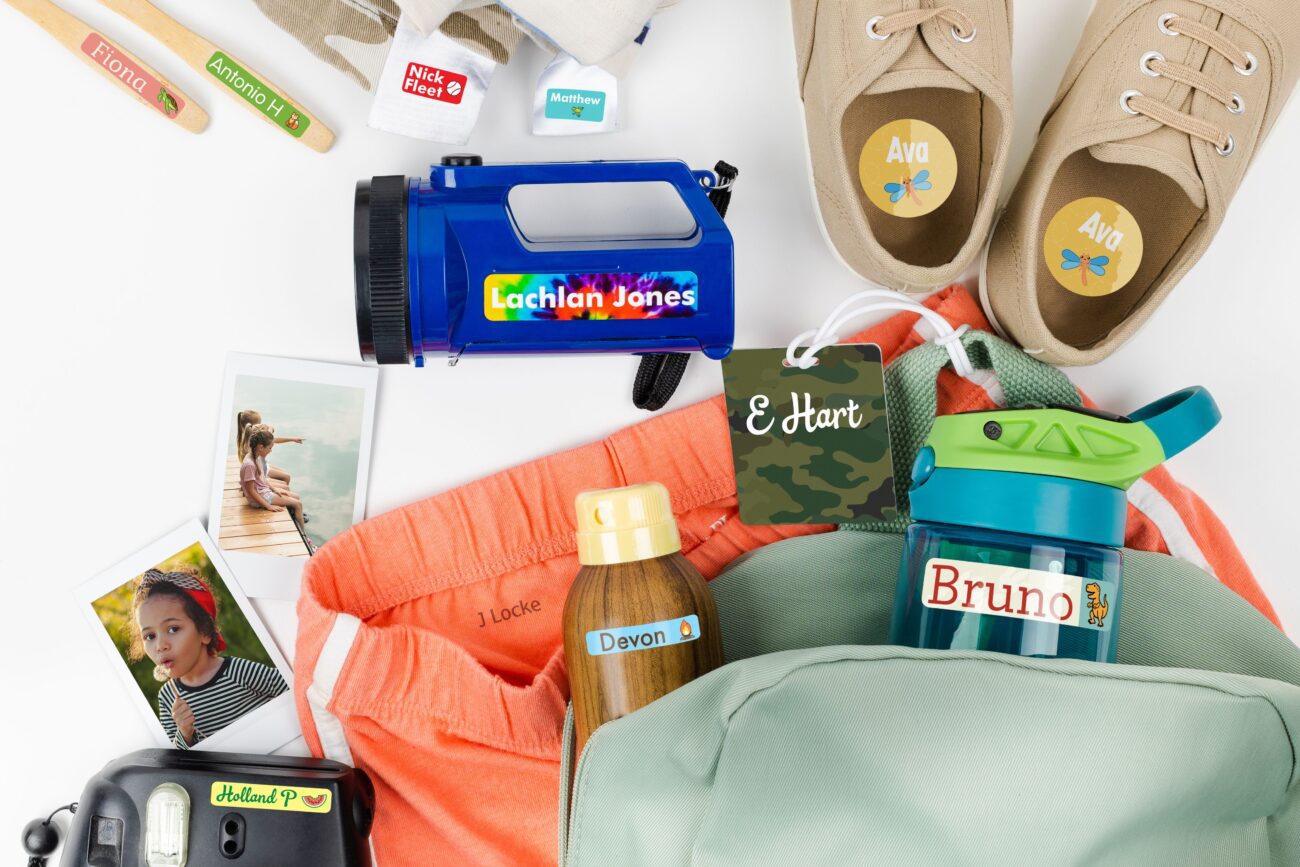 Mabel's Labels on shoes, water bottle, backpack, clothing, and other kids' belongings and summer camp items.