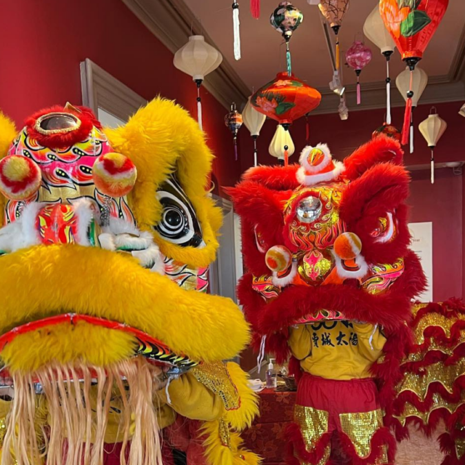 Red and yellow Lunar New Year dragons at the Main Line Arts Center celebration.