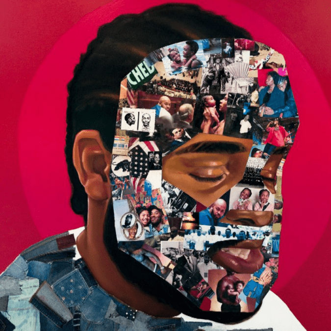 A black man with braids and imagery covering his face for Black History Month by Nazeer Sabree