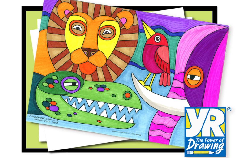 Colorful children's drawing of jungle animals
