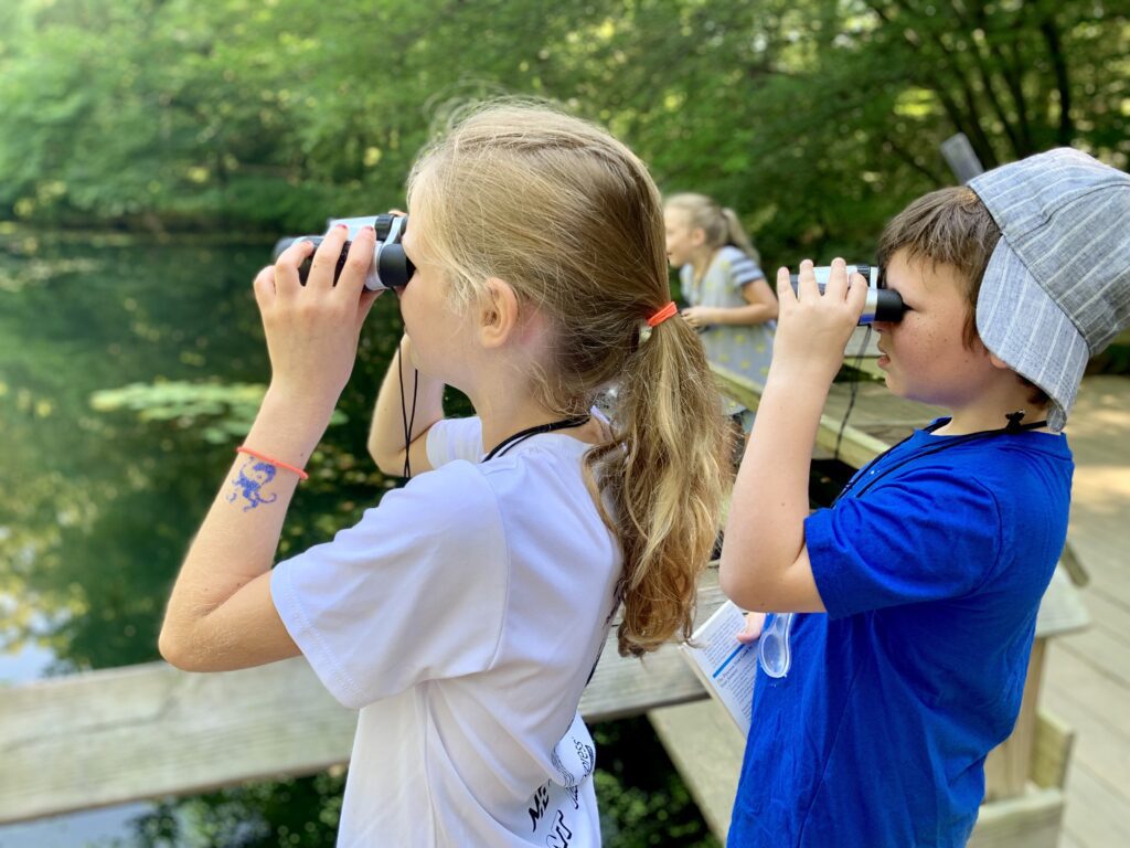 students looking through binoculars at a pond in the woods