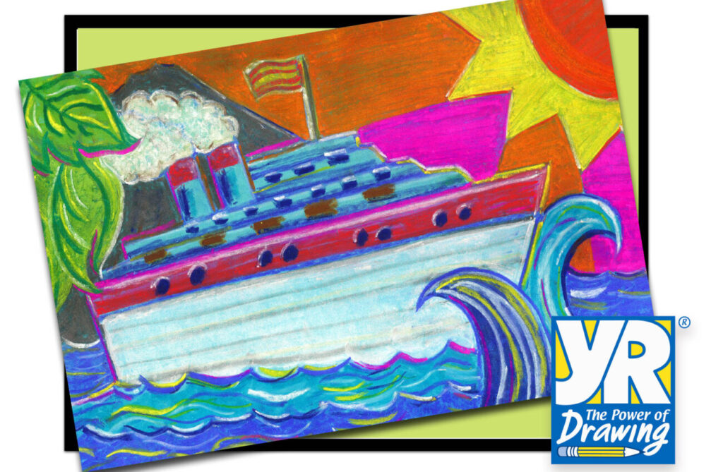 child's drawing of a color boat at sea