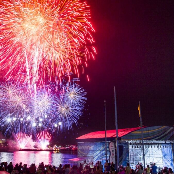 Summer fireworks over the Delaware River Waterfront in Philadelphia.