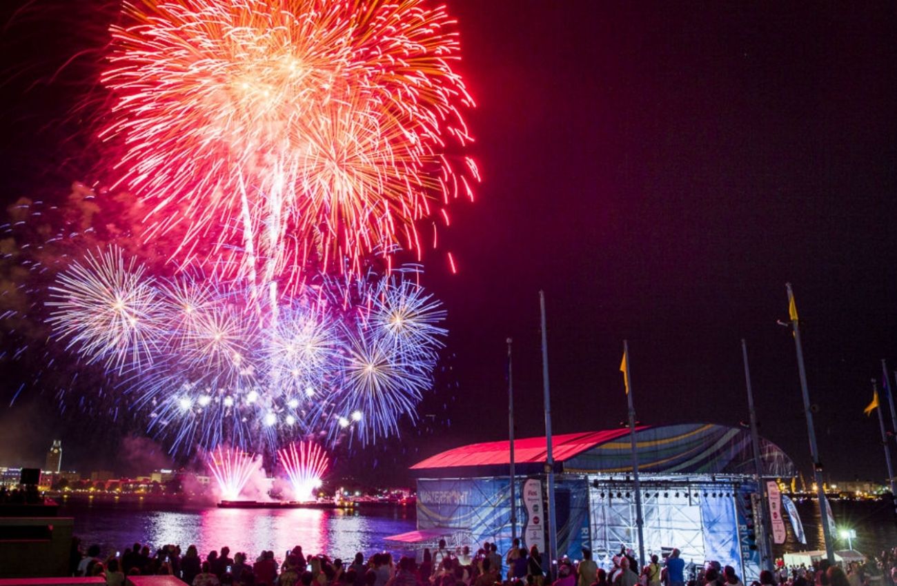 Summer fireworks over the Delaware River Waterfront in Philadelphia.