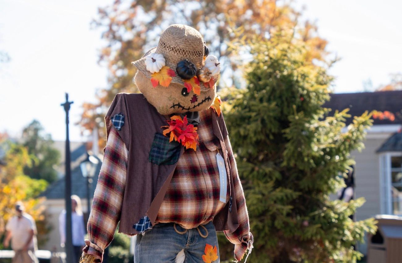 A classic scarecrow with a flannel shirt is part of Peddler's Village fall festival