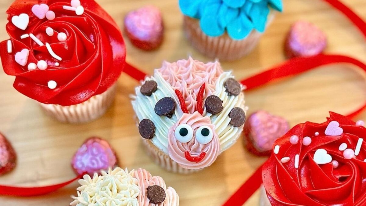 A love bug and red frosted cupcakes are the featured craft at Stone and Key Tasting Cellars' Galentine's Cupcake Workshop in Ambler, PA.