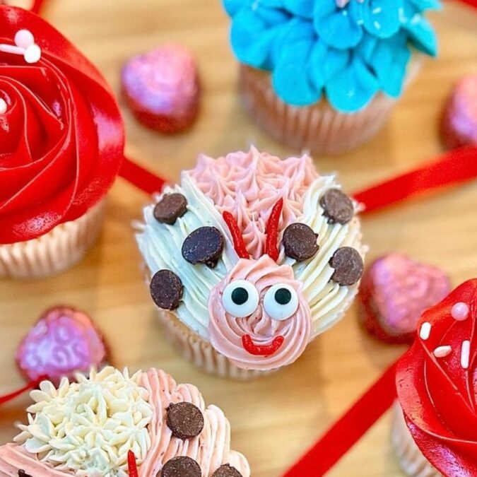 A love bug and red frosted cupcakes are the featured craft at Stone and Key Tasting Cellars' Galentine's Cupcake Workshop in Ambler, PA.