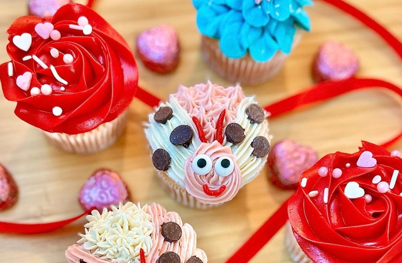 A love bug and red frosted cupcakes are the featured craft at Stone and Key Tasting Cellars' Galentine's Cupcake Workshop in Ambler, PA.