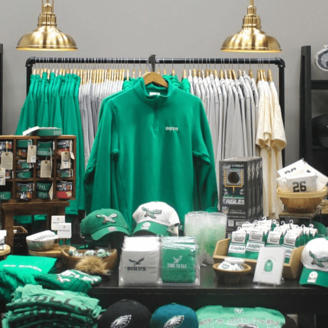 Store table showcasing Philadelphia Eagles gear.