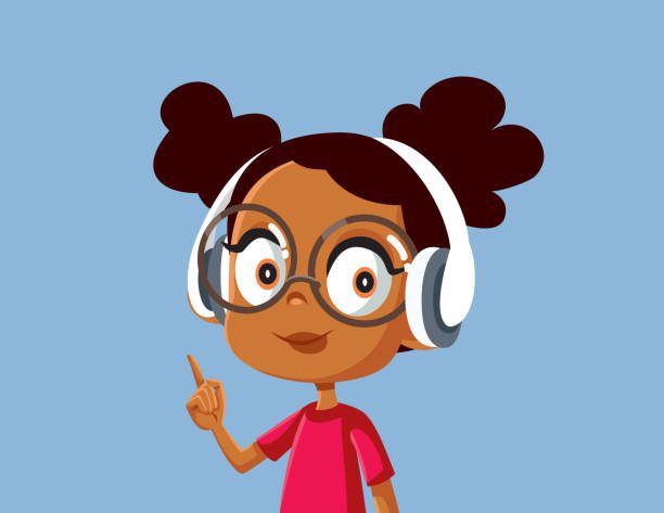 Sweet kid wearing wireless headset pointing her finger
