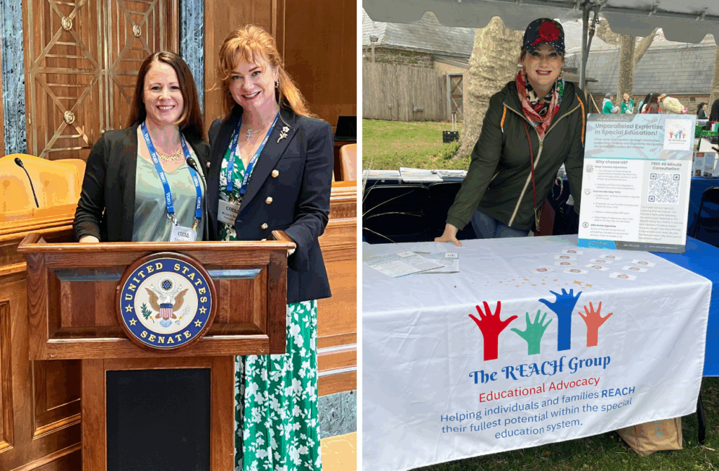 Photos of Kristen Meyer: One in with the legislature and the other at a table at an event to talk about the REACH group