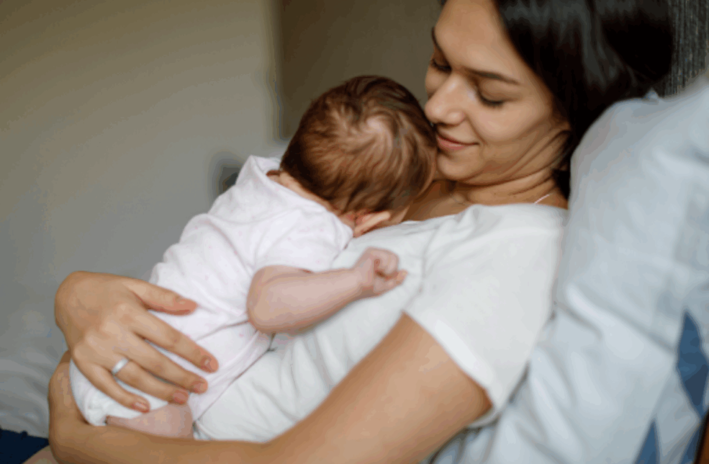 A mom cradles her newborn baby while lying against a pillow. 