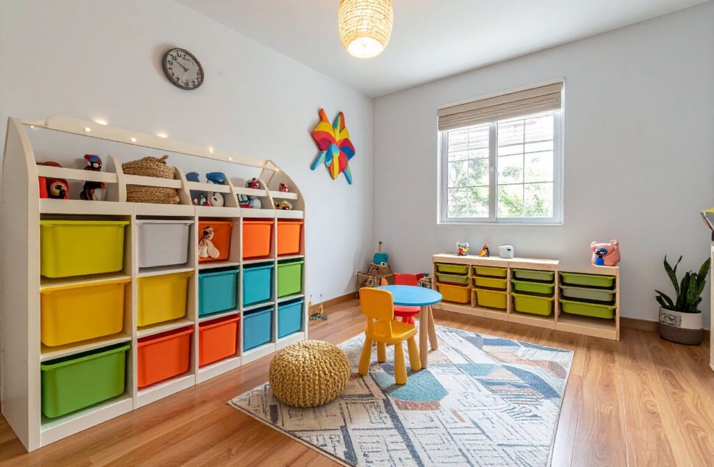 A bright, sensory-friendly playroom features natural light, toys organized in colorful bins, and open space. 