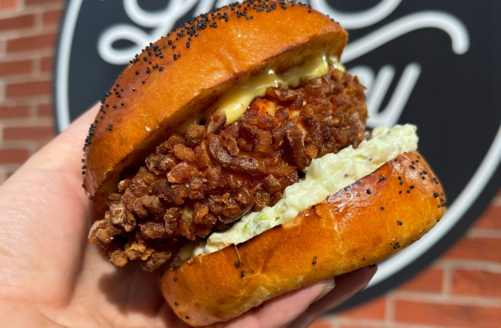 A fried chicken sandwich from Love & Honey Fried Chicken restaurant. 