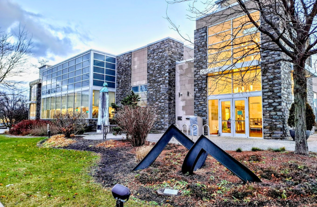 The modern-looking exterior of Ludington Library. 