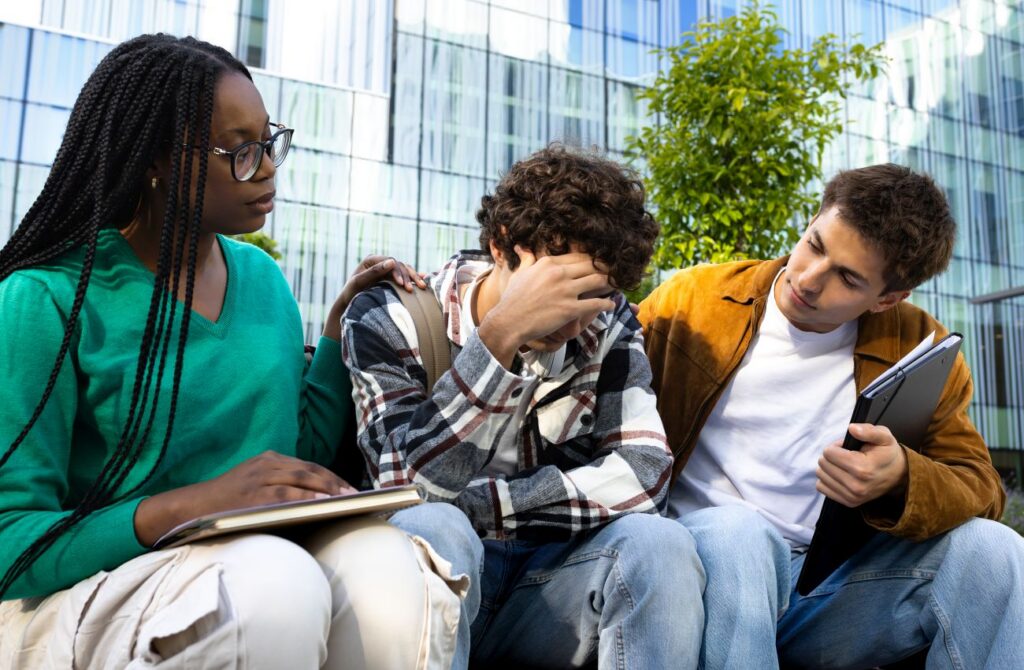 Friends consoling and comforting an upset college student.