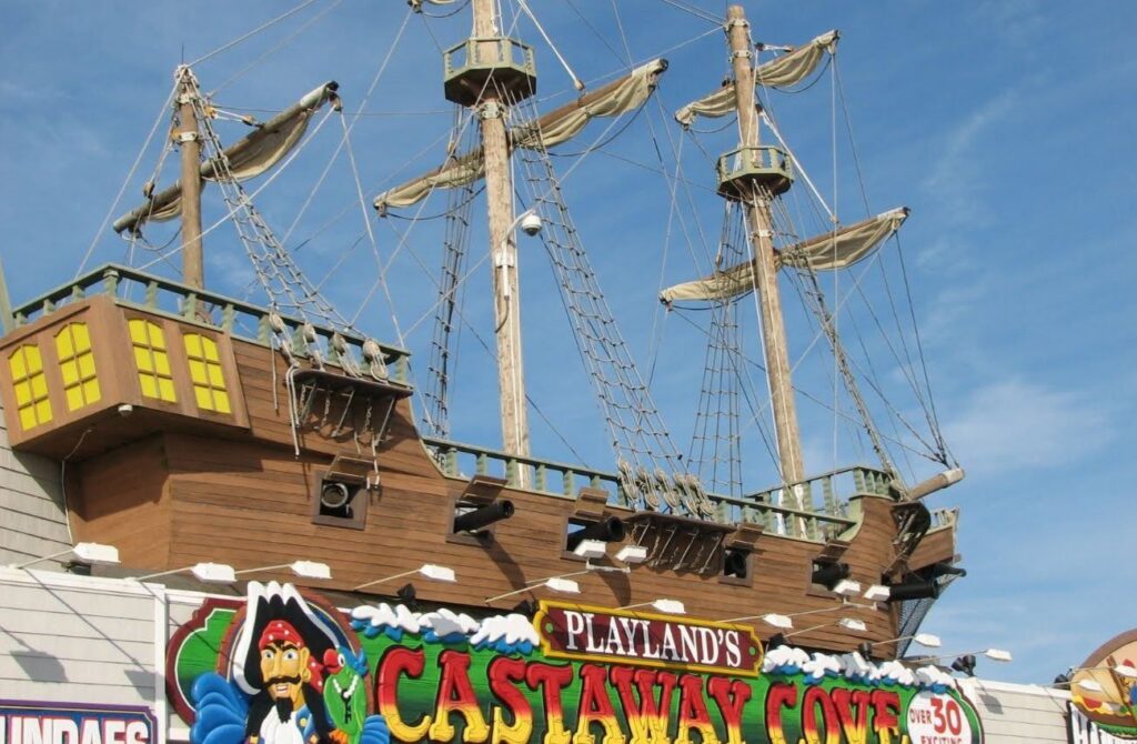 A big pirate ship stands above the entrance to Castaway Cove in Ocean City, NJ. 
